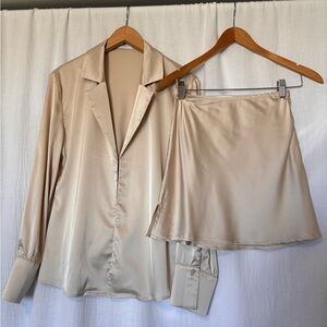 Isalis Beige Satin Long Sleeve Shirt and Skirt Set